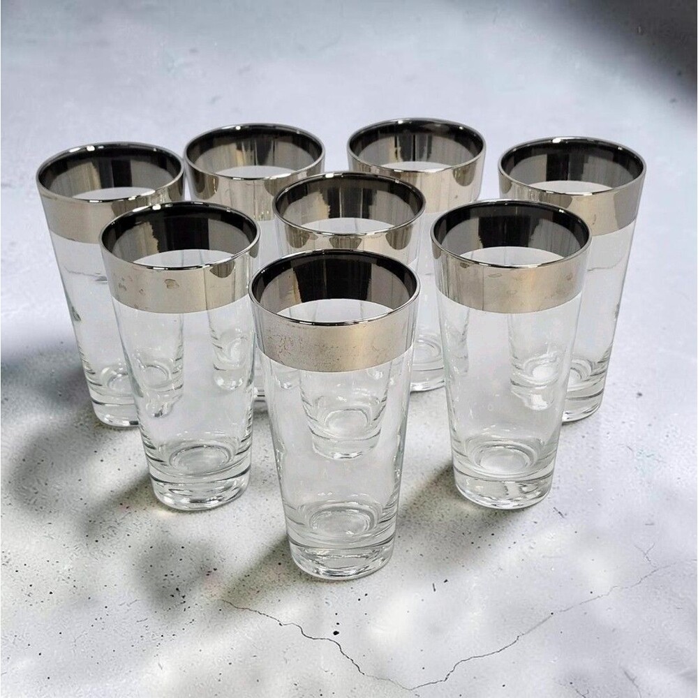 Dorothy Thorpe Silver Rim Cocktail Glasses Set of 8 Vintage MCM Barware Highball